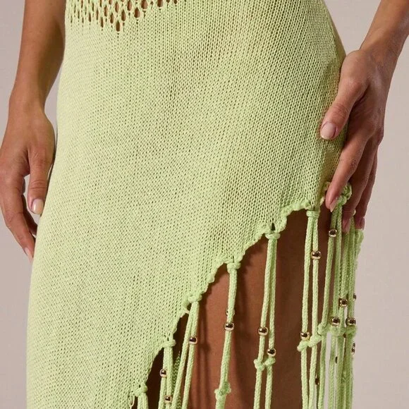 Lime Green Casual Women's Crochet Knit Beaded Fringing Maxi Cover Up Dress - Picture 6 of 6